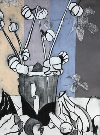 Still life with pumpkins and squash (sold);
2018; charcoal and oil pastel on paper, 24 x 18"
